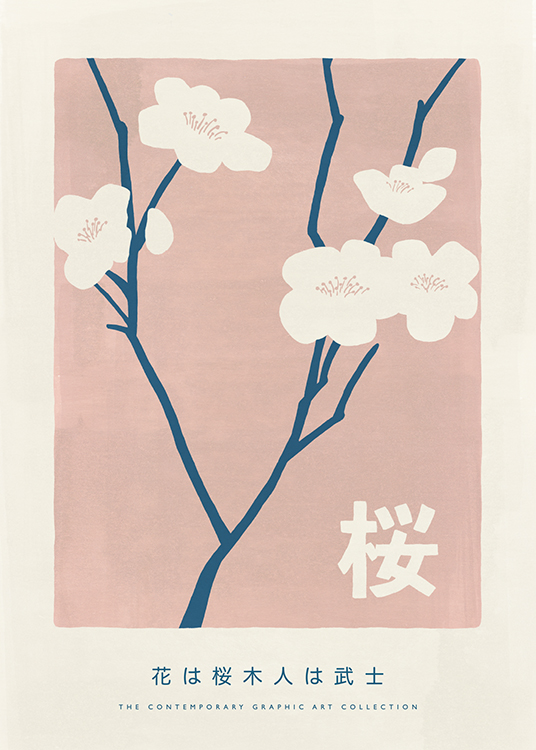  – Illustration avec des fleurs en beige clair sur des tiges bleues sur un fond rose, avec du texte dessous