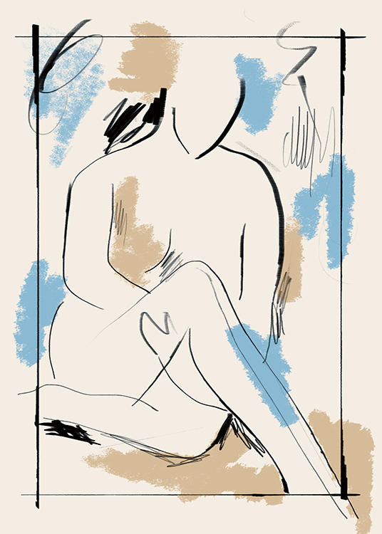  – Peinture avec un corps nu en position assise et des traits de peinture bleus, beiges et noirs sur un fond beige clair
