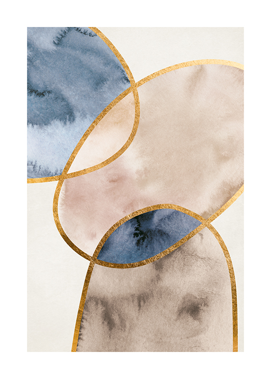  – Peinture à l’aquarelle avec des formes abstraites en beige et bleu, aux contours dorés, sur un fond gris clair