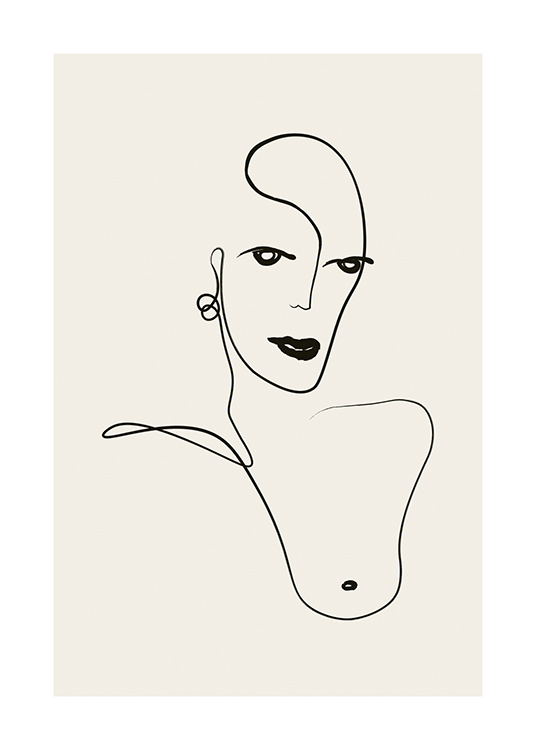  – Illustration avec un visage et une poitrine abstraits en art linéaire noir sur un fond beige clair
