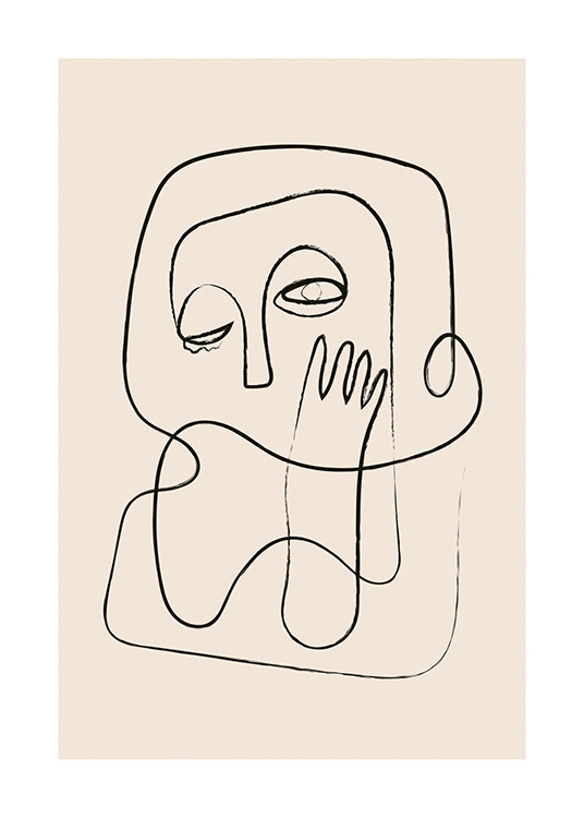  – Illustration avec un bras et un visage abstraits dans des traits noirs sur un fond beige