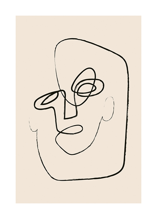  – Illustration en art linéaire avec un visage abstrait dans des traits noirs sur un fond beige