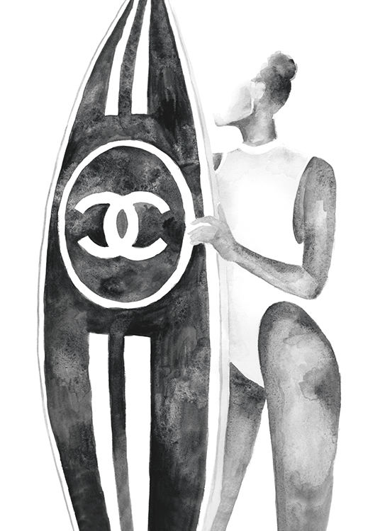  – Illustration en gris d’une femme tenant une planche de surf avec le logo Chanel