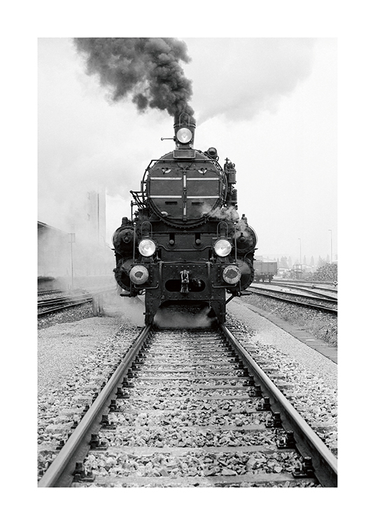  – Photographie en noir et blanc d'un vieux train vu de devant