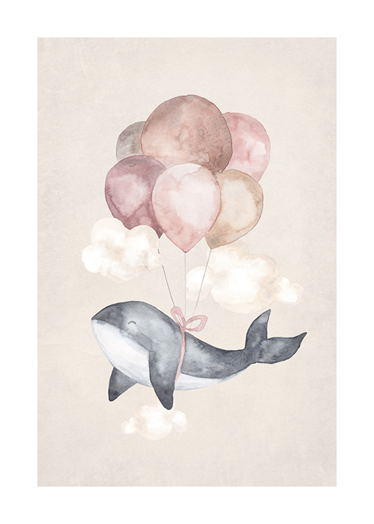  – Peinture à l’aquarelle d’une petite baleine avec des ballons en rose et beige attachés à son corps, sur un fond beige