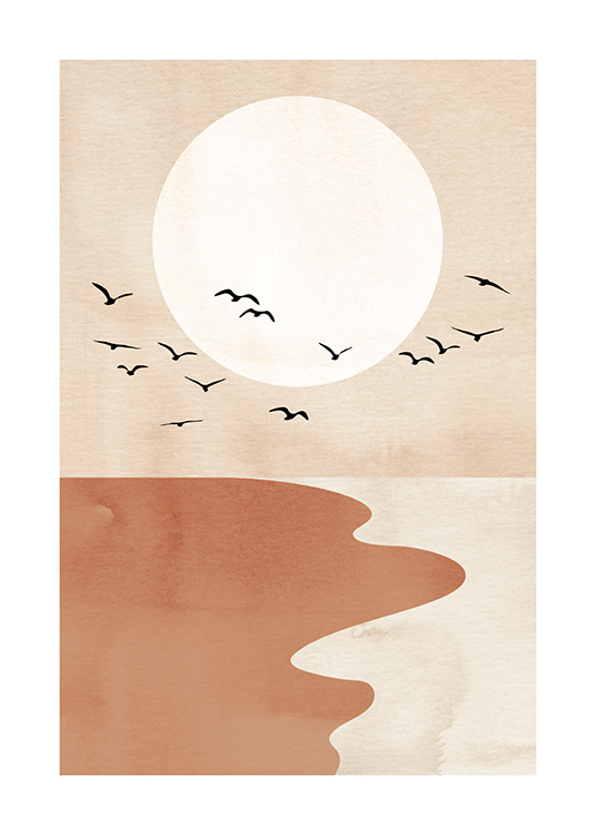  – Illustration graphique avec une plage rouge et beige, des oiseaux noirs et un cercle beige clair