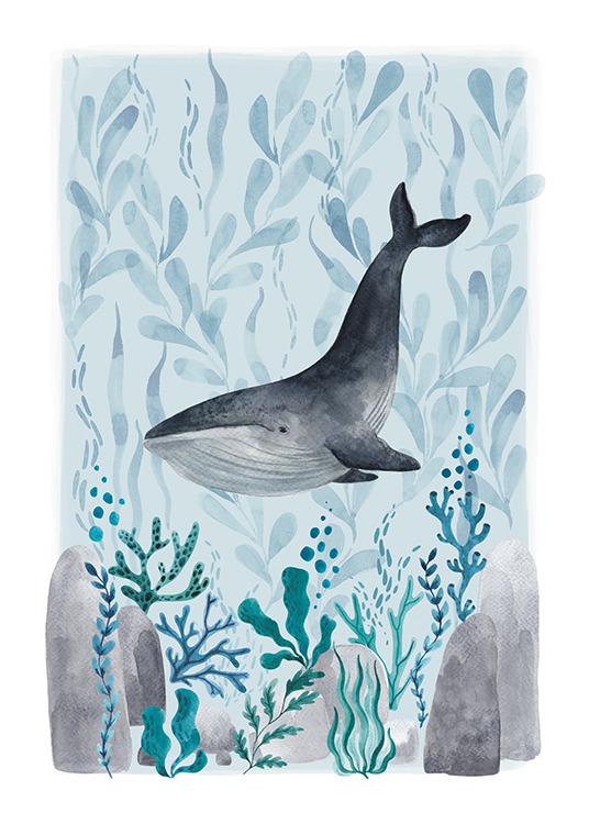  – Illustration à l’aquarelle d’une baleine nageant entre des plantes bleues et vertes, sur un fond bleu