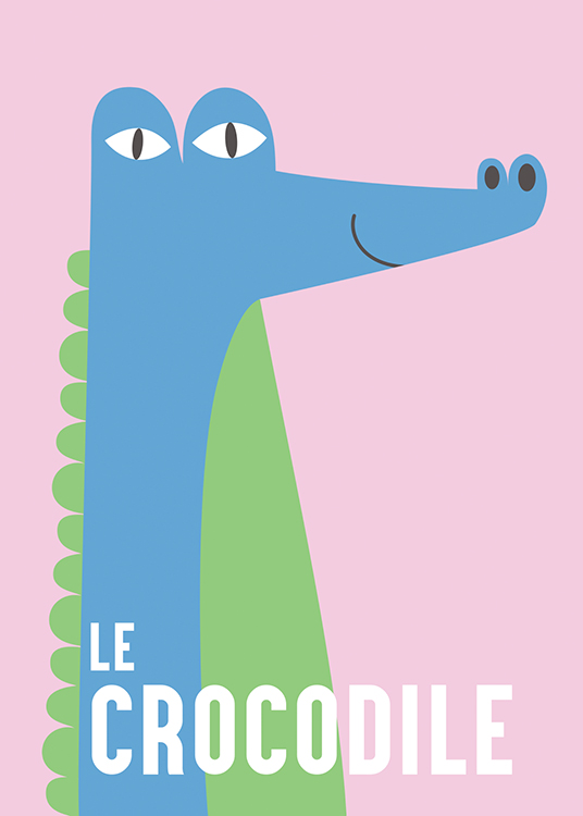  – Illustration graphique d’un crocodile souriant en bleu et vert sur un fond rose