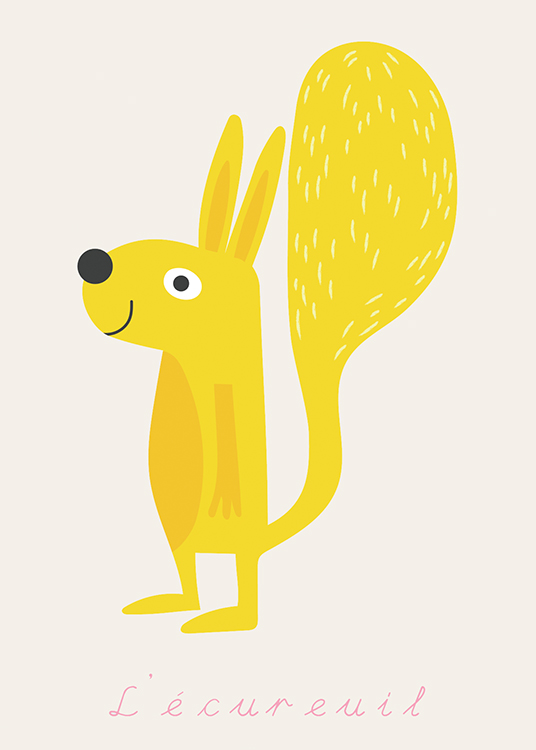  – Illustration graphique d’un écureuil jaune, souriant, sur un fond gris clair