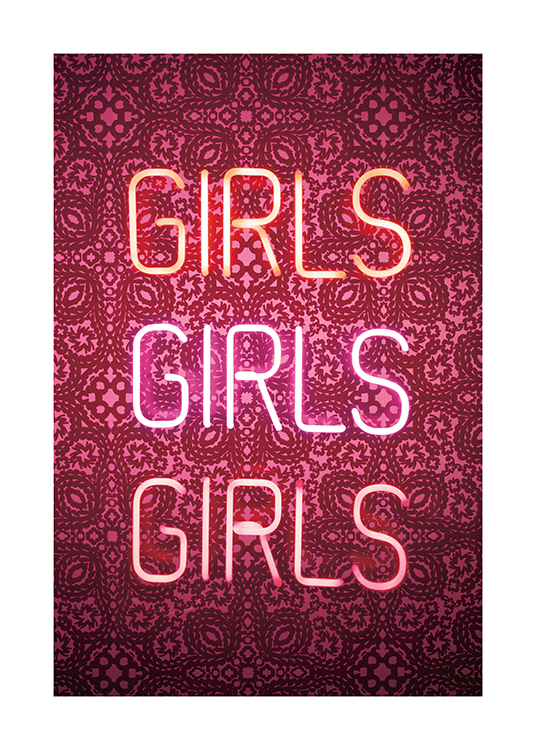  – Enseigne néon avec les mots « girls girls girls » sur un papier peint à motifs roses