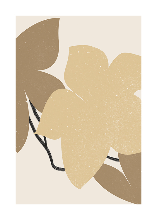  – Illustration graphique de fleurs beiges et marron avec des taches blanches sur un fond beige clair