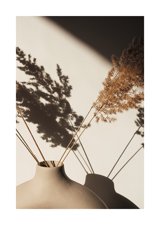  – Photographie d’herbe sèche marron dans un vase contre un mur clair avec les ombres de l’herbe