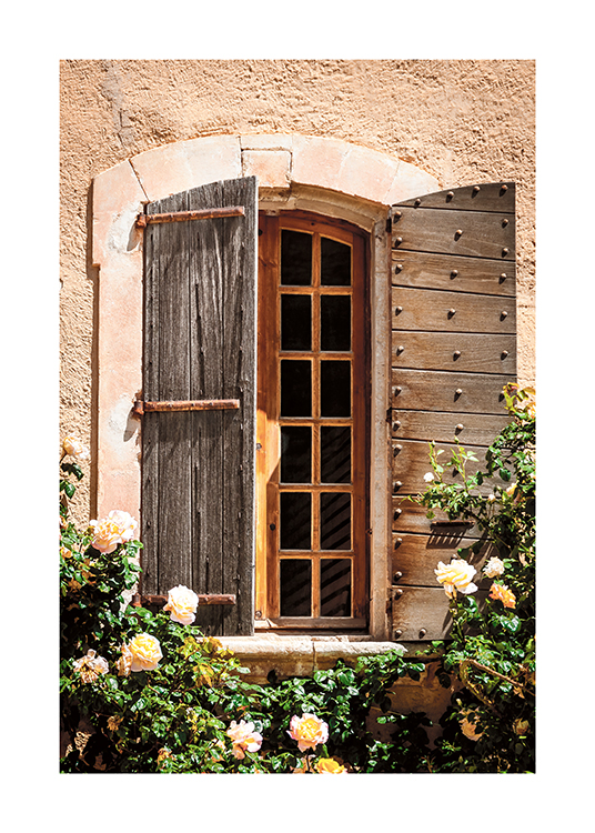  – Photographie de rosiers devant une maison avec une fenêtre en bois