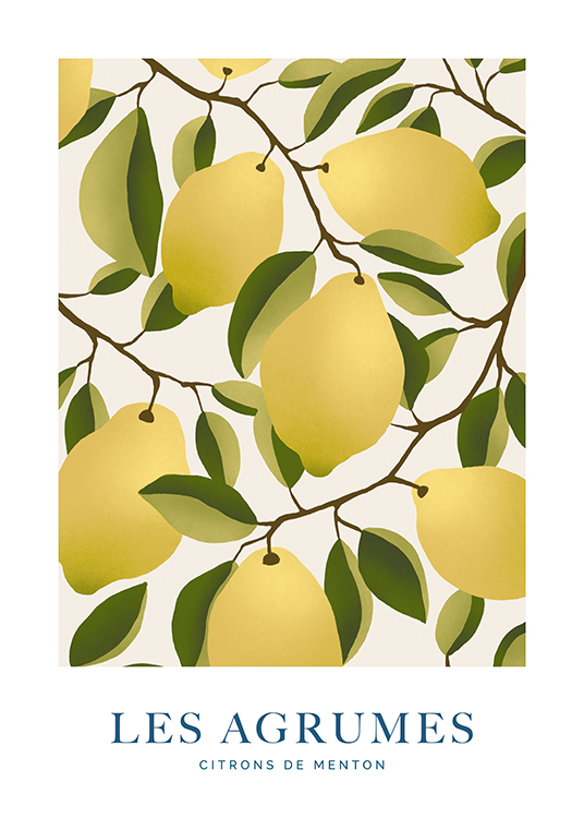  – Illustration de branches avec des citrons et des feuilles sur un fond beige clair