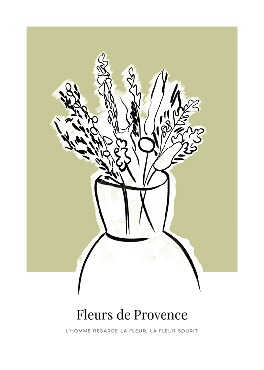  – Illustration de fleurs sauvages blanches dans un vase avec un contour noir, sur un fond vert