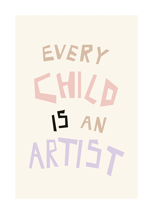  – Texte « Every child is an artist » dans un texte coloré sur un fond jaune clair