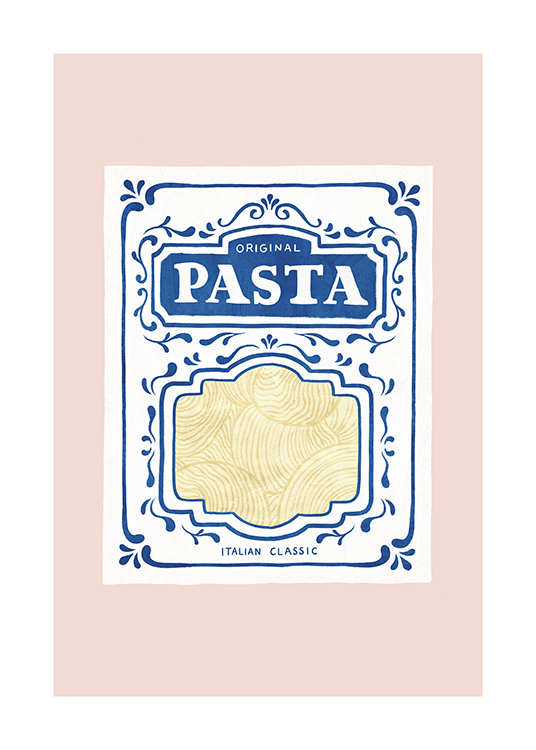  – Illustration d’un paquet de pâtes en bleu et blanc sur un fond en rose