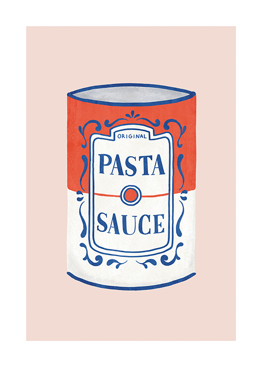  – Illustration d’une boîte de conserve de sauce pour pâtes en rouge et blanc avec des détails bleus, sur un fond rose