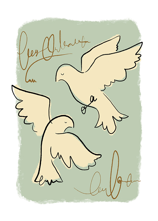  – Illustration d’un couple d’oiseaux en beige clair sur un fond gris-vert