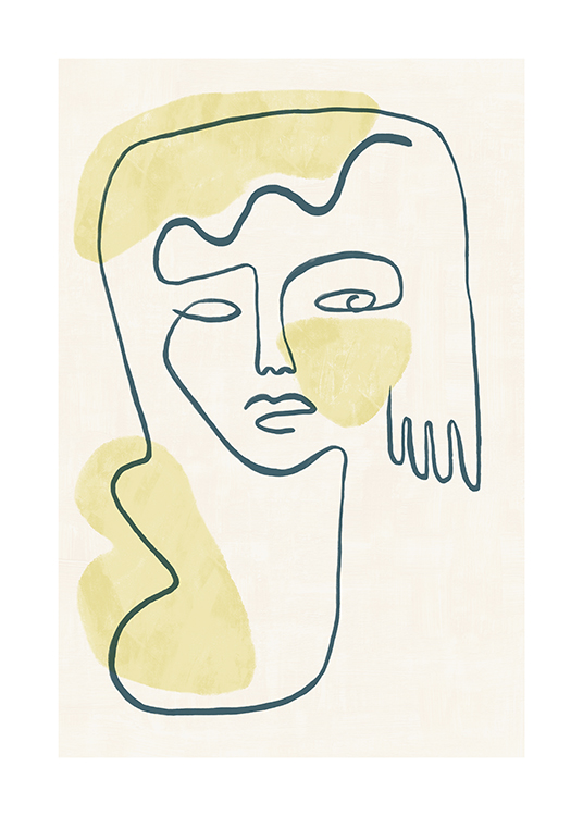  – Illustration d’un visage et d’une main en line art, de formes jaunes et d’un fond beige clair
