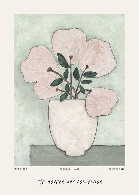  – Peinture d’un vase avec des fleurs en vieux rose sur un fond vert avec du texte en bas