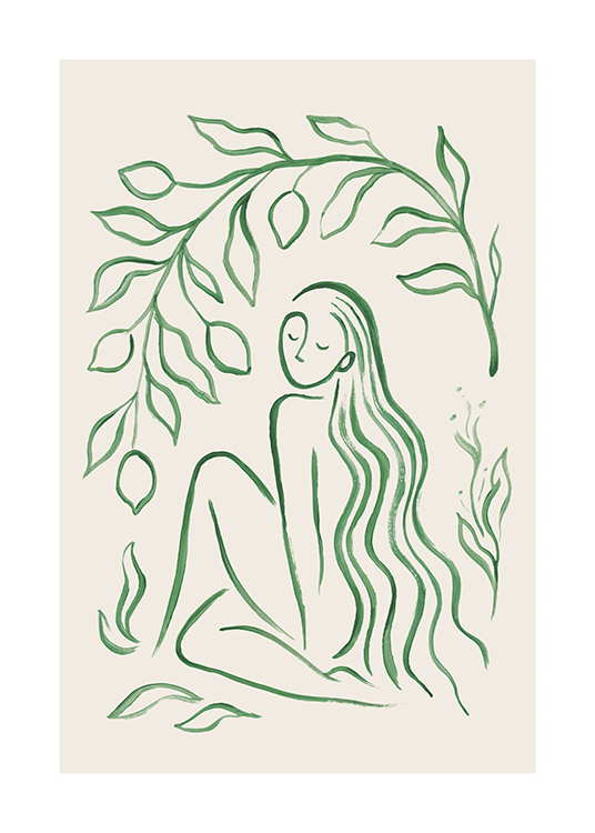  – Illustration d’une femme entourée de feuilles, avec un contour vert sur un fond beige