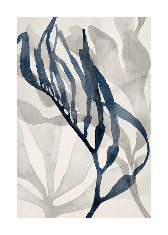  – Illustration d’algues abstraites en gris et bleu à l’aquarelle sur un fond beige clair
