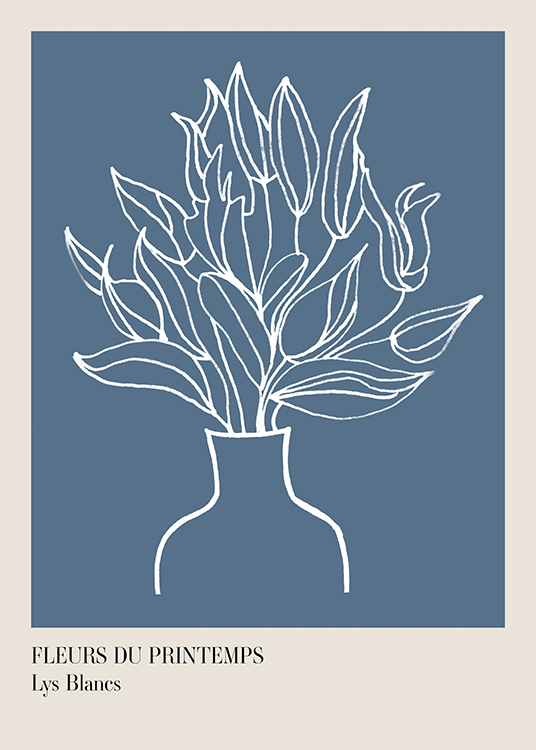  – Illustration graphique avec un bouquet de fleurs dans un vase, dessiné en blanc sur un fond bleu-gris