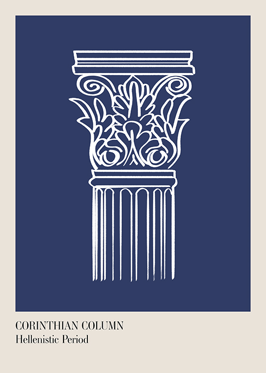  – Illustration graphique avec un pilier en blanc, avec des détails sculptés, sur un fond bleu foncé