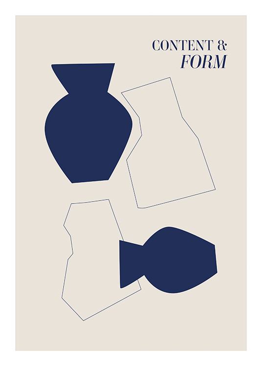  – Illustration graphique avec des formes abstraites et des vases en bleu sur un fond beige