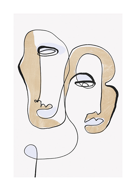  – Illustration abstraite de deux visages en noir avec des détails beiges et bleu clair
