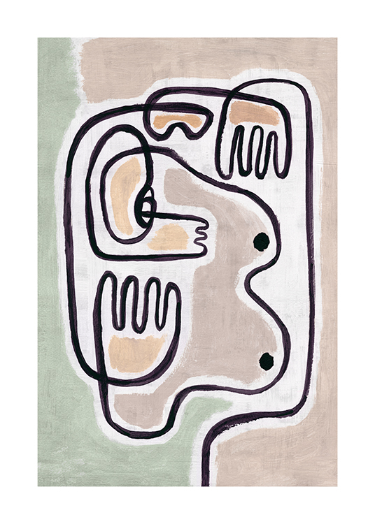  – Peinture avec un motif abstrait représentant une paire de seins et des mains sur un fond beige et vert
