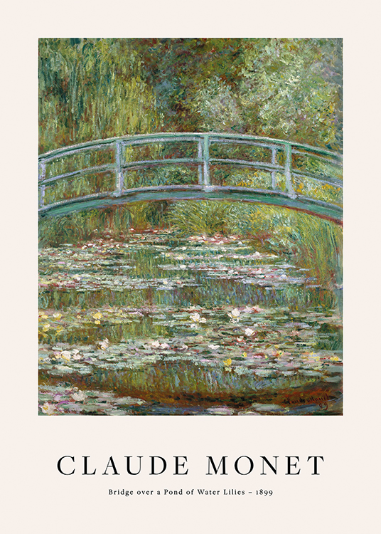  – Peinture d’un étang avec des nénuphars sous un pont avec des arbres à l’arrière-plan