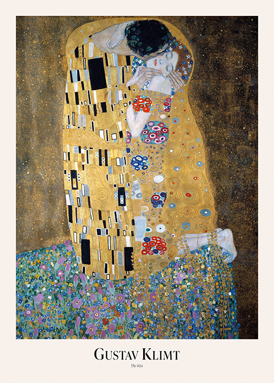  – Peinture d’un homme embrassant une femme sur la joue, sur un fond doré et marron avec des détails de fleur