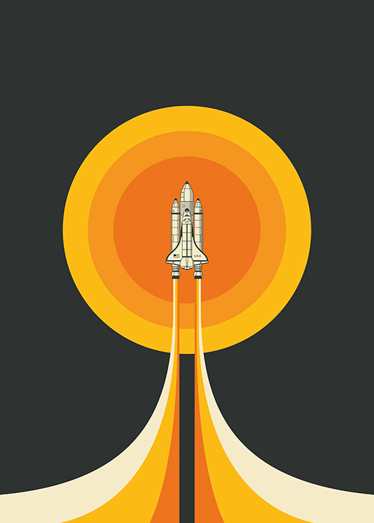  – Illustration graphique avec un cercle jaune et orange derrière une navette spatiale