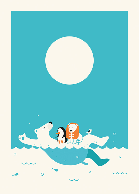  – Illustration graphique d’un ours polaire nageant avec des animaux sur son ventre