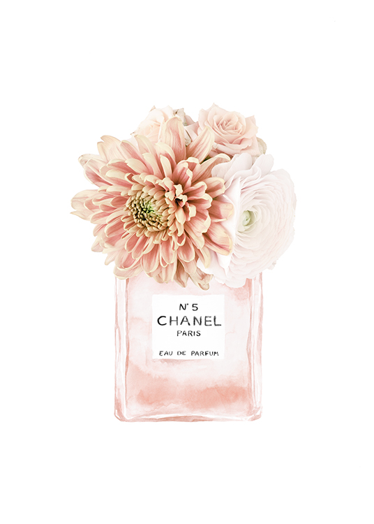  – Illustration d’un flacon de parfum Chanel rose clair avec des fleurs rose clair sortant du flacon