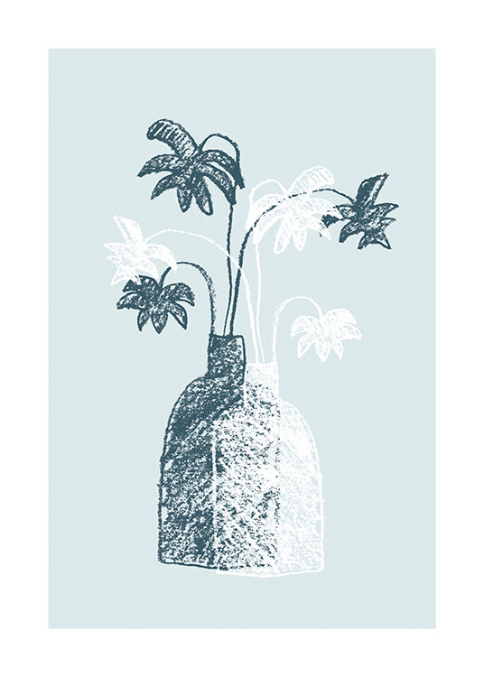 – Illustration de deux vases bleus et blancs contenant des feuilles de palmier