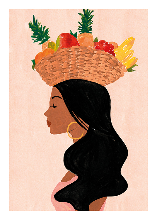  – Illustration d’une femme vue de profil avec des cheveux noirs, portant un panier de fruits sur la tête