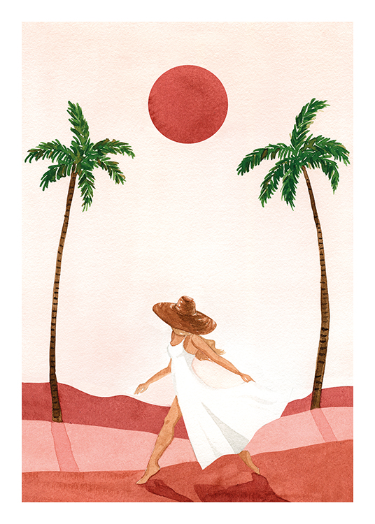  – Illustration d’une femme dans une robe blanche et avec un chapeau de soleil, marchant sur du sable rouge avec des palmiers à l’arrière-plan