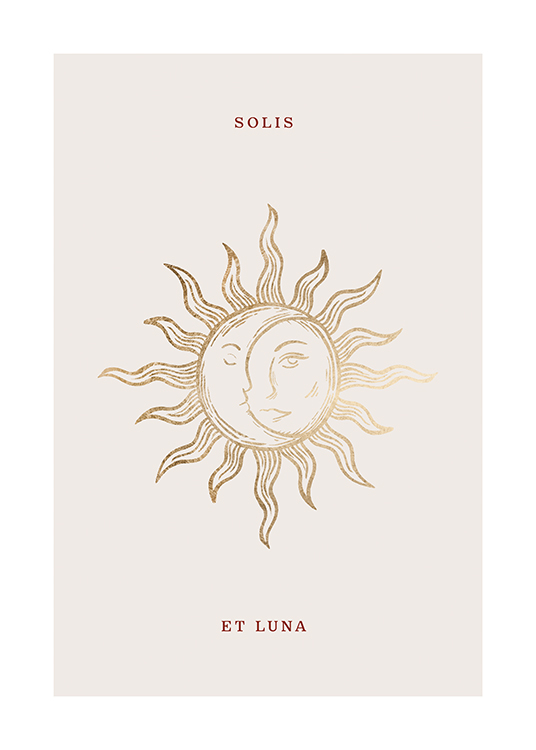  – Illustration graphique d’un soleil et d’une lune dorés sur un fond beige clair