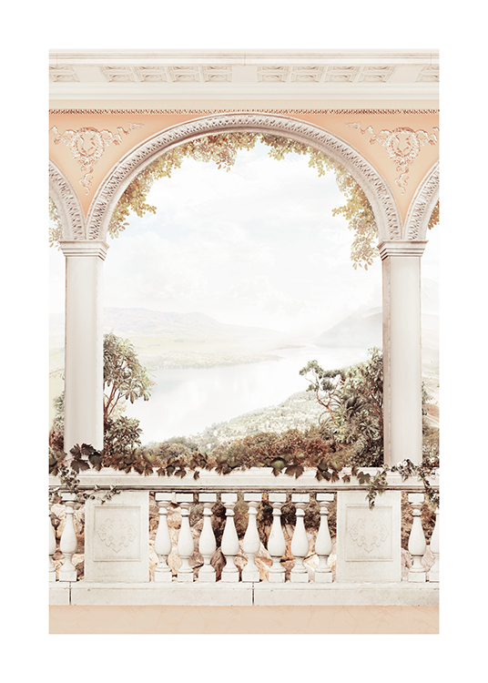  – Photographie d’un paysage vu d’un balcon avec des piliers et une arche