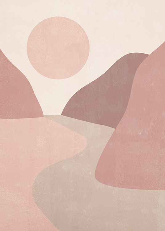  – Illustration graphique d’un paysage rose et beige avec des montagnes et un soleil