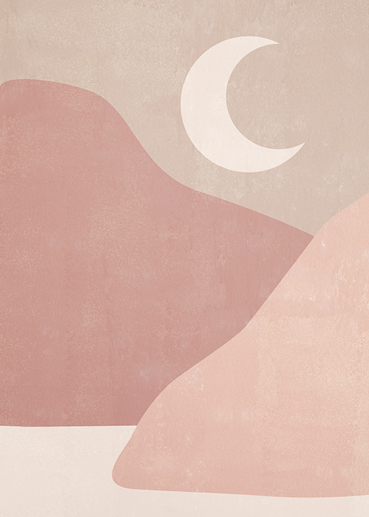  – Illustration graphique représentant des montagnes et une lune dans des nuances de beige et de rose