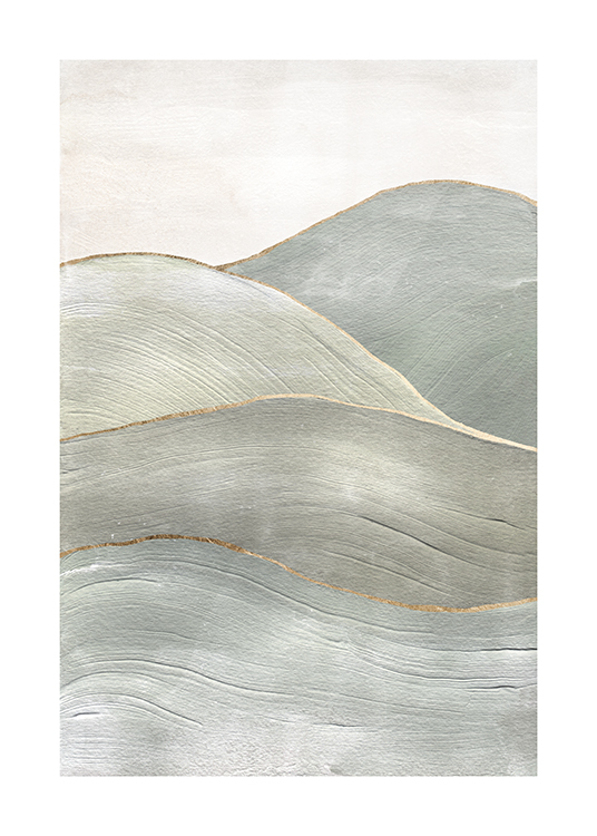  – Peinture avec des collines abstraites en gris-vert avec des contours dorés