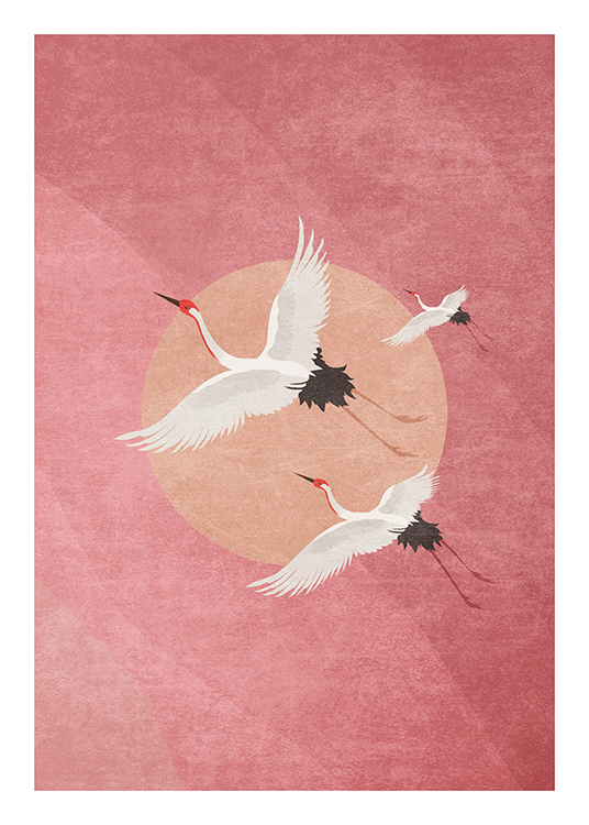  – Illustration graphique avec un groupe de grues en train de voler, sur un fond rose avec un cercle de couleur pêche clair