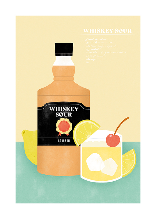  – Illustration graphique d’une bouteille de Whiskey et d’un verre de Whiskey Sour avec des citrons et une cerise