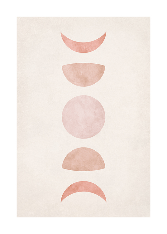  – Illustration graphique avec des lunes et des demi-lunes en rose sur un fond beige clair