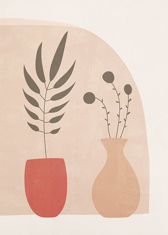  – Illustration graphique d’un duo de vases rouge et beige avec des feuilles dedans, sur un fond beige clair