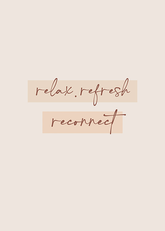  – Texte « Relax. Refresh. Reconnect » dans une police manuscrite sur un fond gris clair-beige